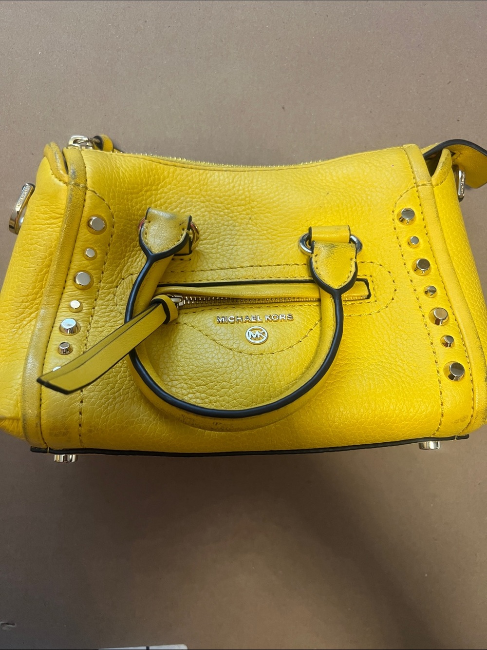 Michael Kors Yellow Pebbled Leather Satchel with Stud Accents
